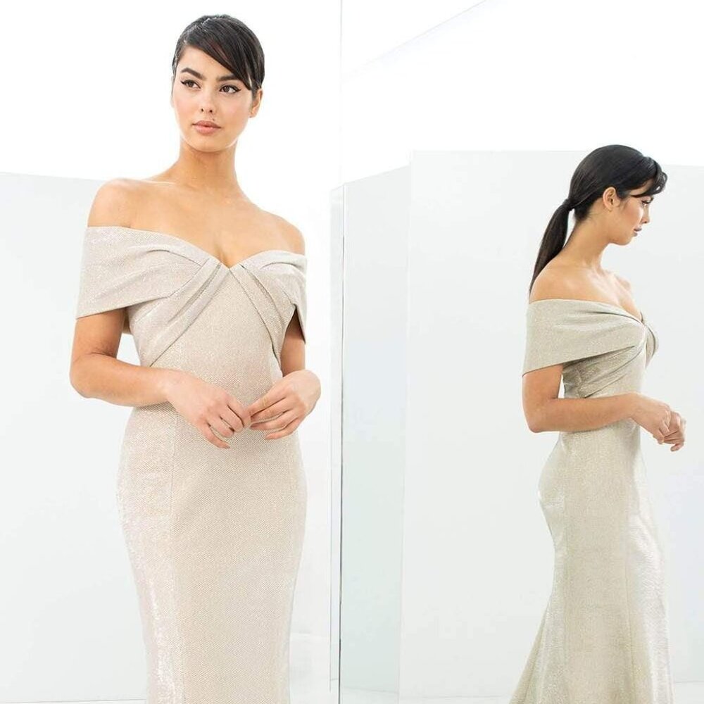 Alexander by Daymor - Textured Fabric Shiny Gold Trumpet Gown: Size US 6-8